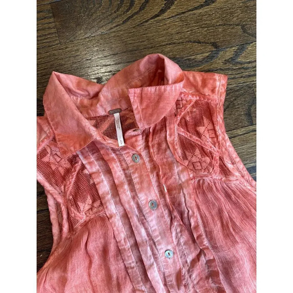 Free People Gauze Acid Wash Tie Dye Tunic Top Coral Blue Boho Size Small N0881 - Picture 5 of 10